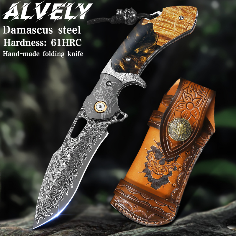 Edc Carry Knife - Damascus Steel Folding Pocket Knife, Resin+Maple